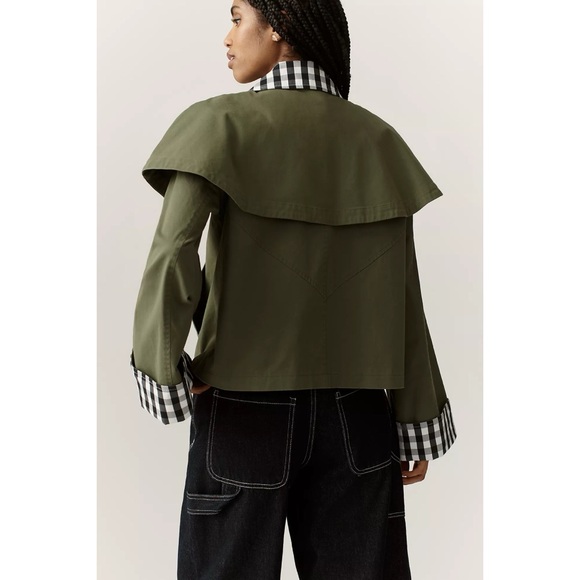 NWT Anthropologie Avec Les Filles Gingham Plaid Trim Cape Green Utility Jacket - Picture 9 of 11